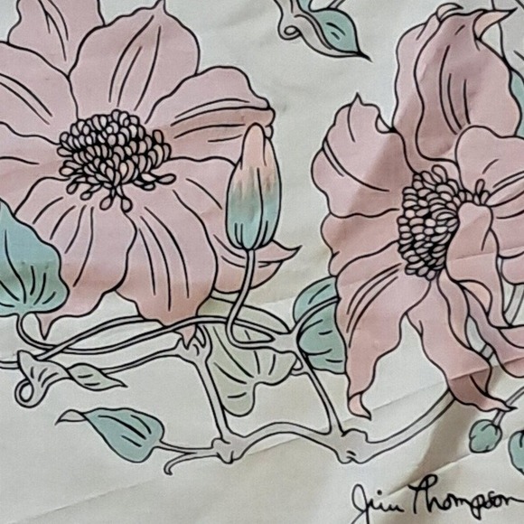 Jim‎ Thompson Silk Scarf Floral Print Square Cream Pink Green Vintage - Picture 1 of 5